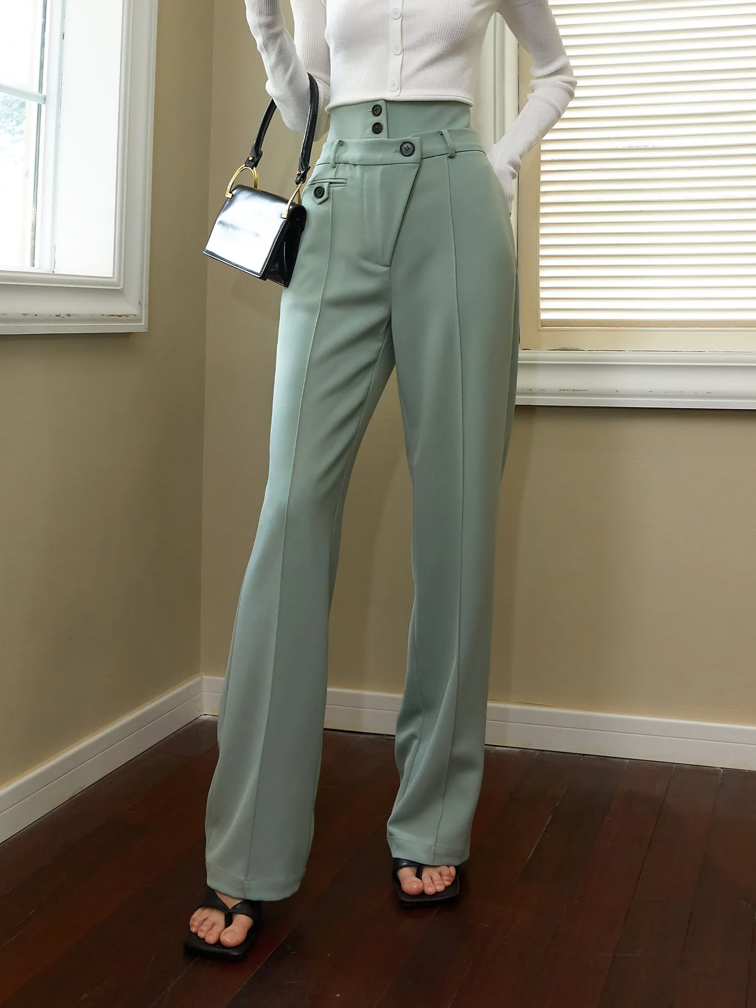 Asymmetrical high waist, regular thickness,pockets wide length trousers-Copa