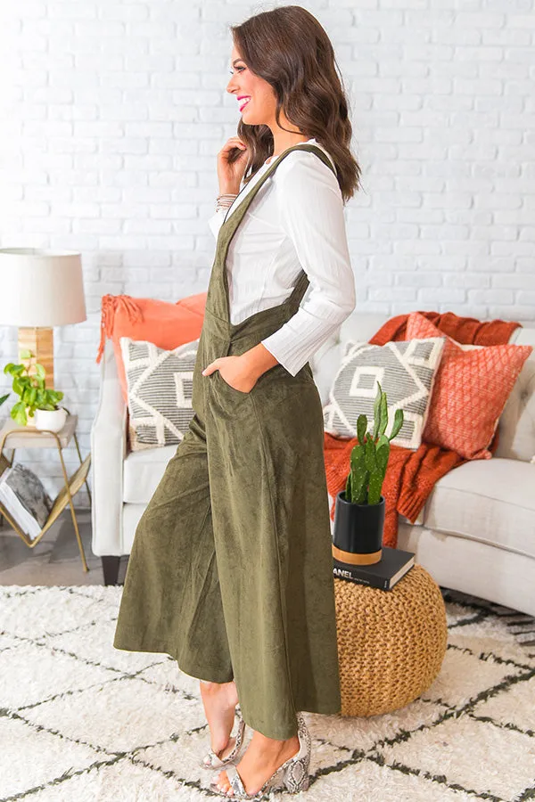 Autumn Getaway Faux Suede Jumpsuit in Olive