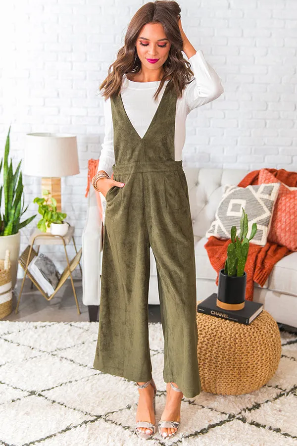 Autumn Getaway Faux Suede Jumpsuit in Olive