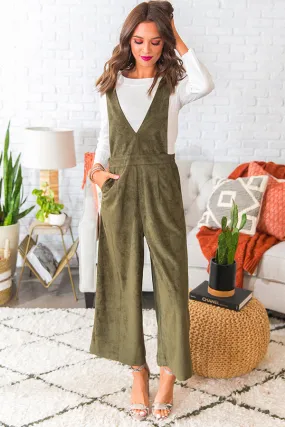 Autumn Getaway Faux Suede Jumpsuit in Olive
