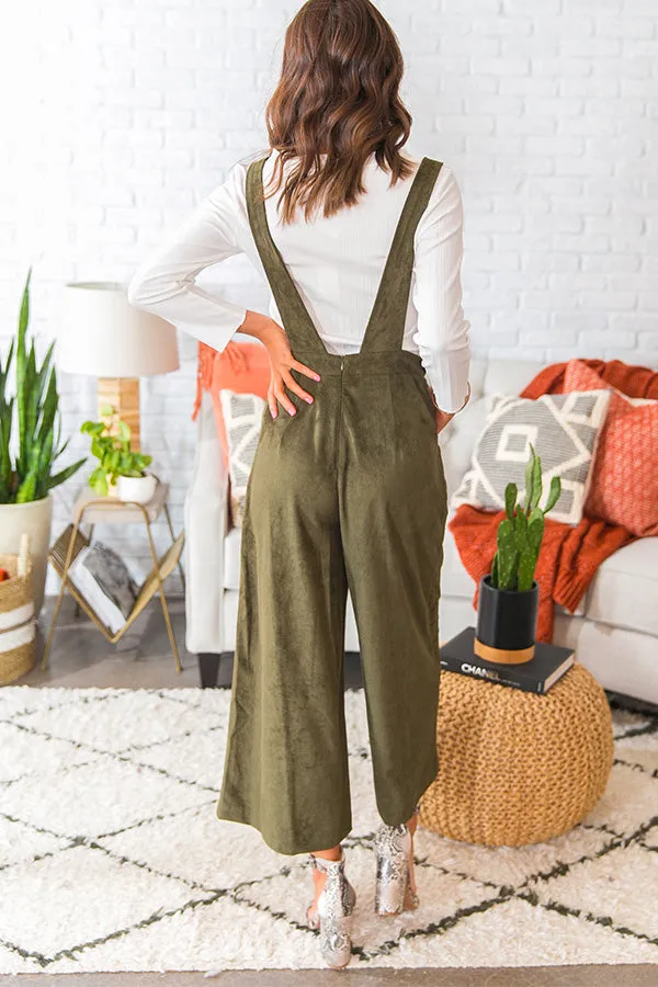 Autumn Getaway Faux Suede Jumpsuit in Olive