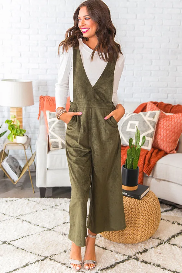 Autumn Getaway Faux Suede Jumpsuit in Olive