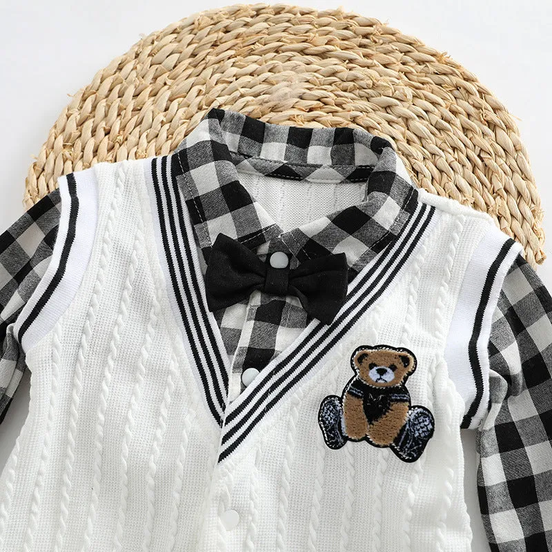 Baby Boy Plaid Patchwork Pattern Bear Embroidered Jumpsuit by MyKids-USA™