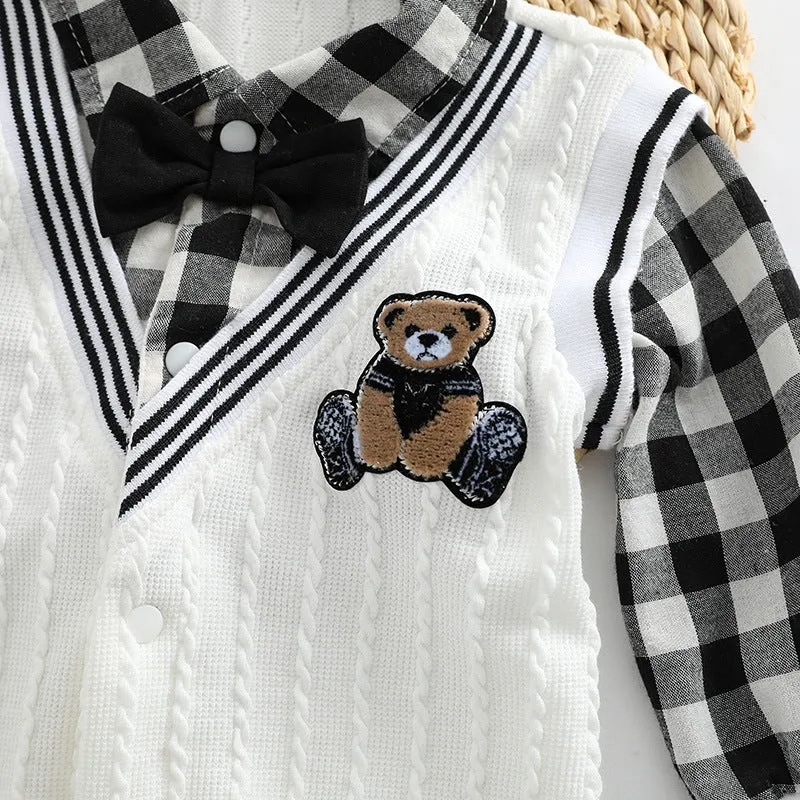 Baby Boy Plaid Patchwork Pattern Bear Embroidered Jumpsuit by MyKids-USA™