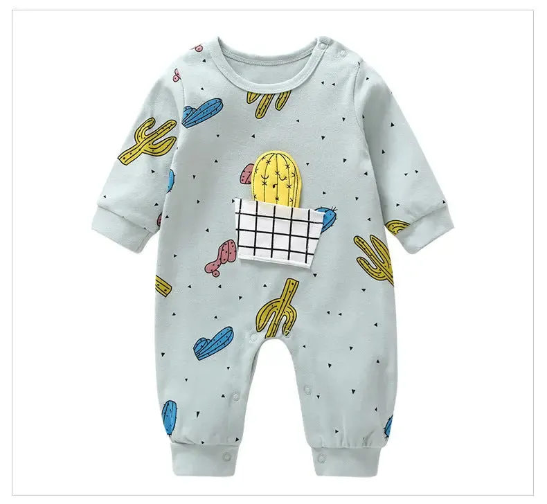 Baby Cactus & Dot Pattern Long Sleeves O-Neck Cotton Jumpsuit by MyKids-USA™