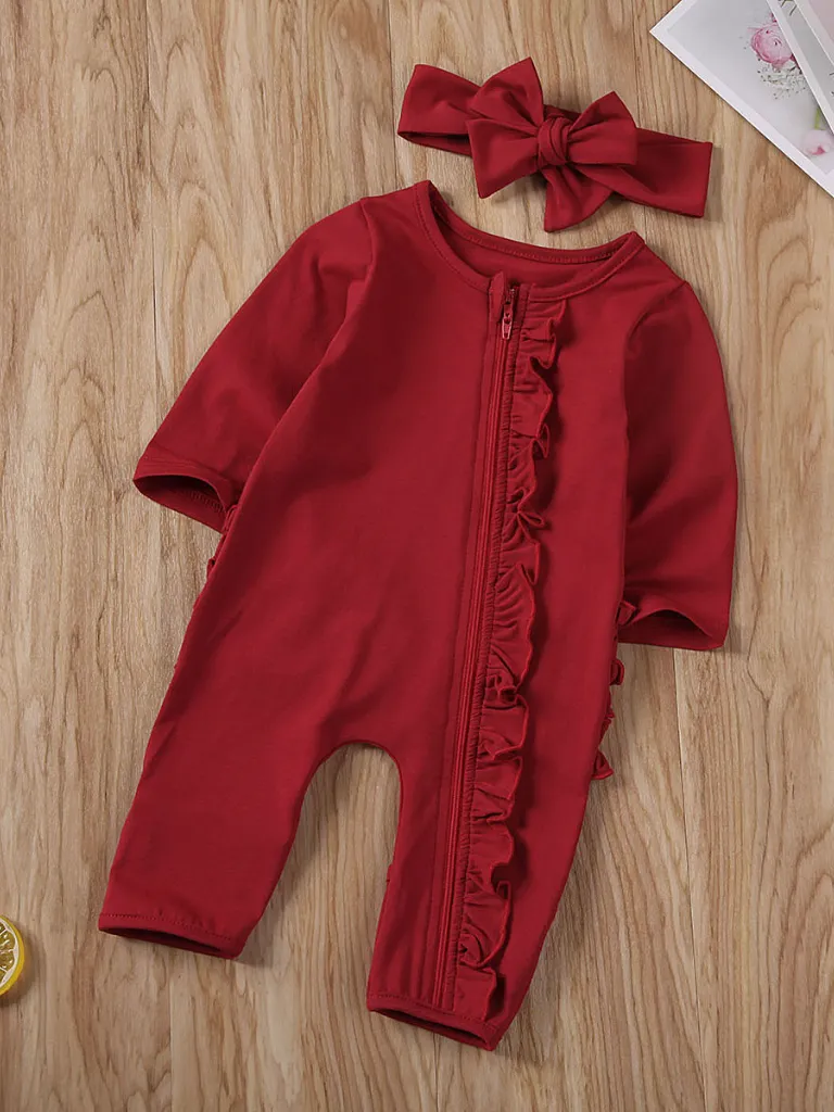 Baby Reay To Play Ruffle Jumpsuit Romper Onesie With Bow Headband