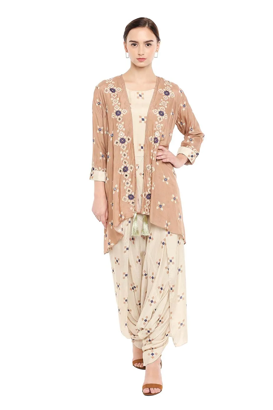 Beige Embroidered Jumpsuit & Jacket Co-ord Set