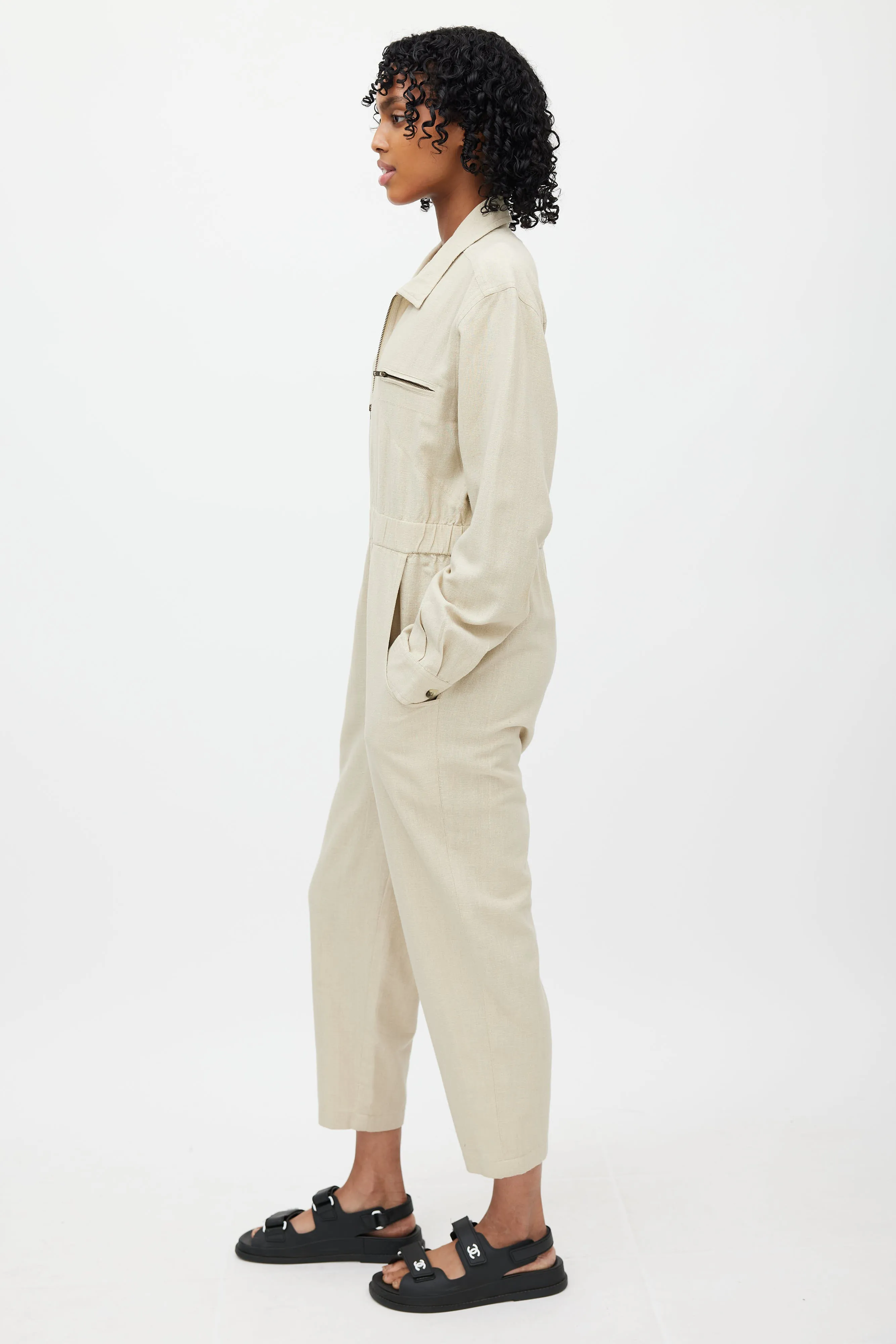 Beige Silk Zip Up Jumpsuit
