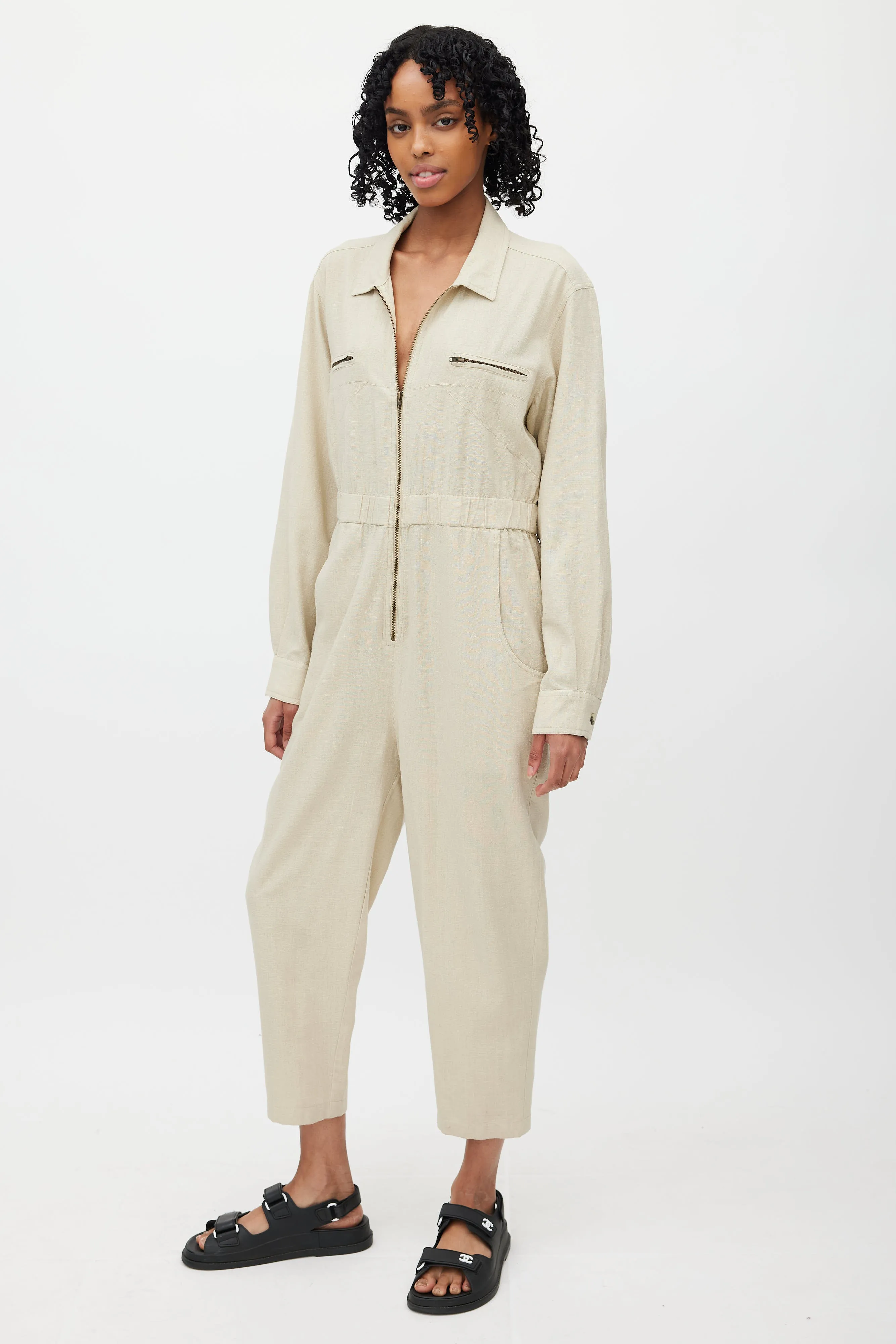 Beige Silk Zip Up Jumpsuit