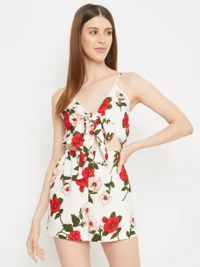 Berrylush Women White Floral Printed Front Tie-Knot Jumpsuit