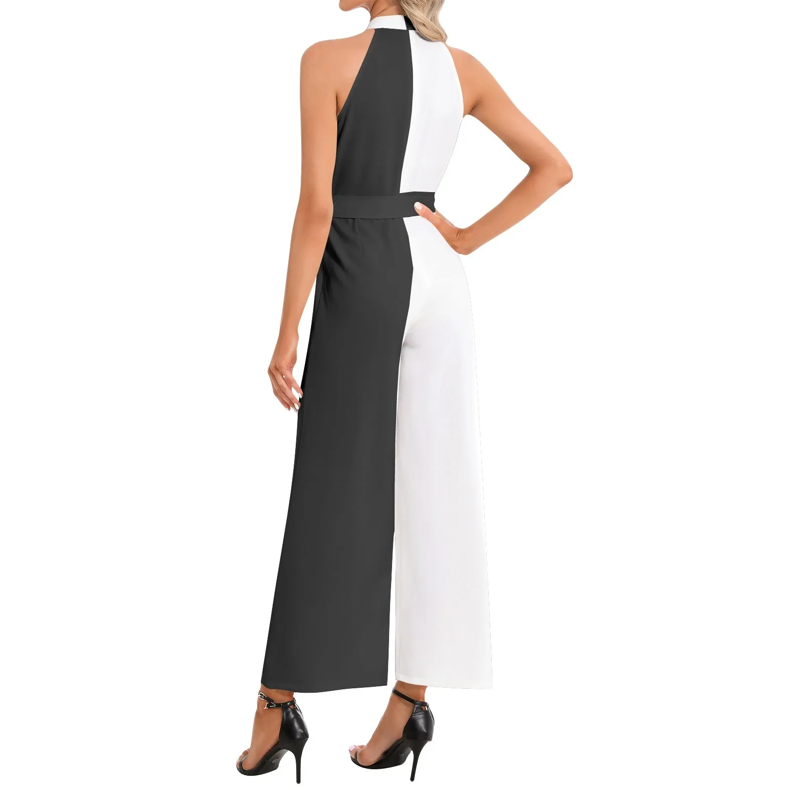 Black and White Halter Neck Buckle Belted Jumpsuit