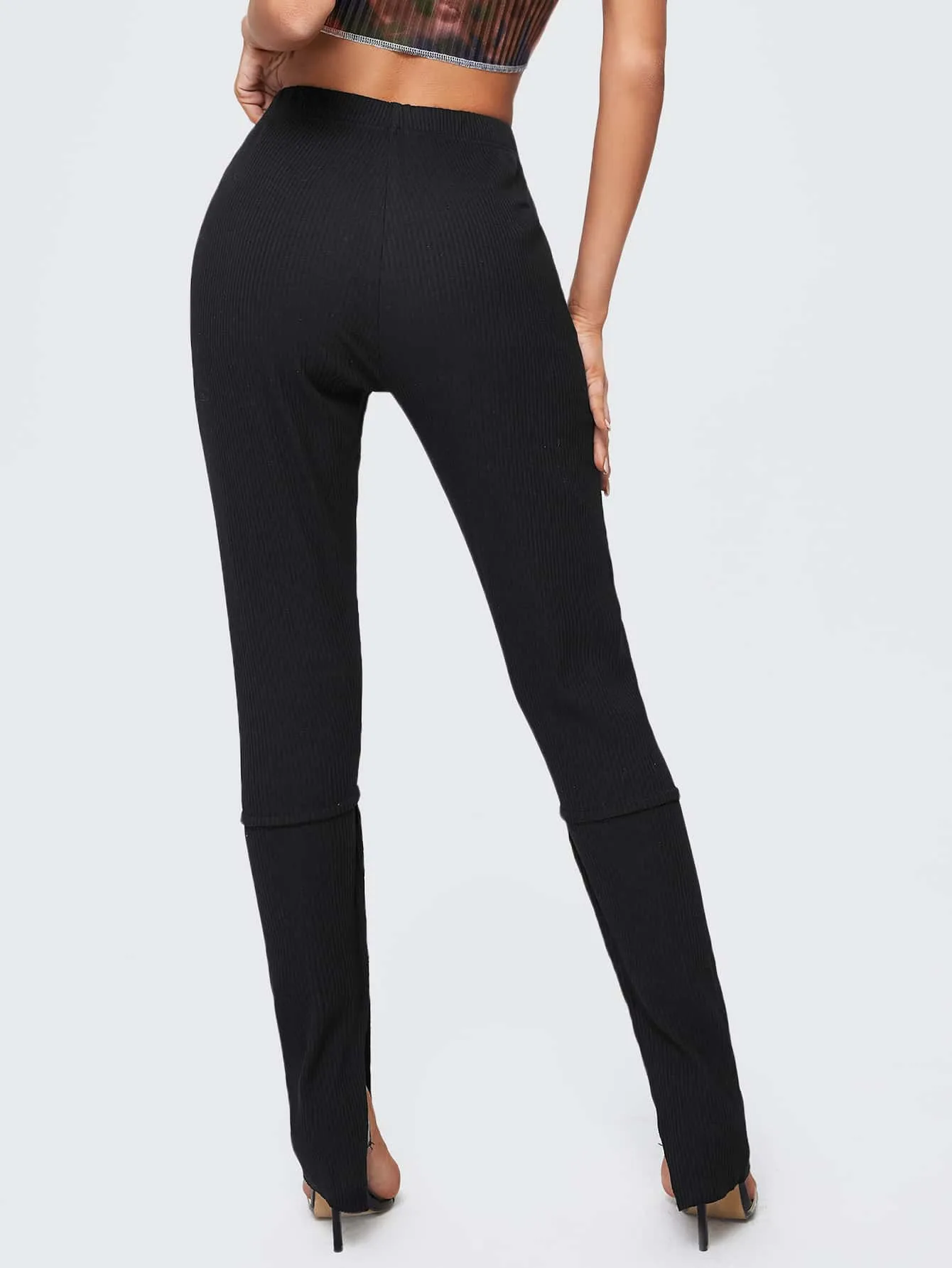 Black Split Cuff Rib-knit Skinny High Elastic Waist Pants