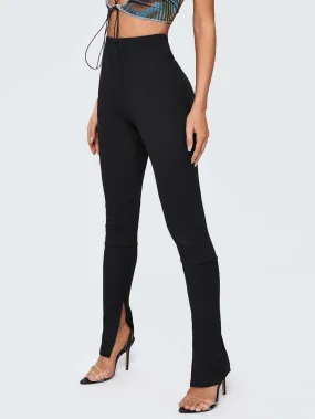 Black Split Cuff Rib-knit Skinny High Elastic Waist Pants