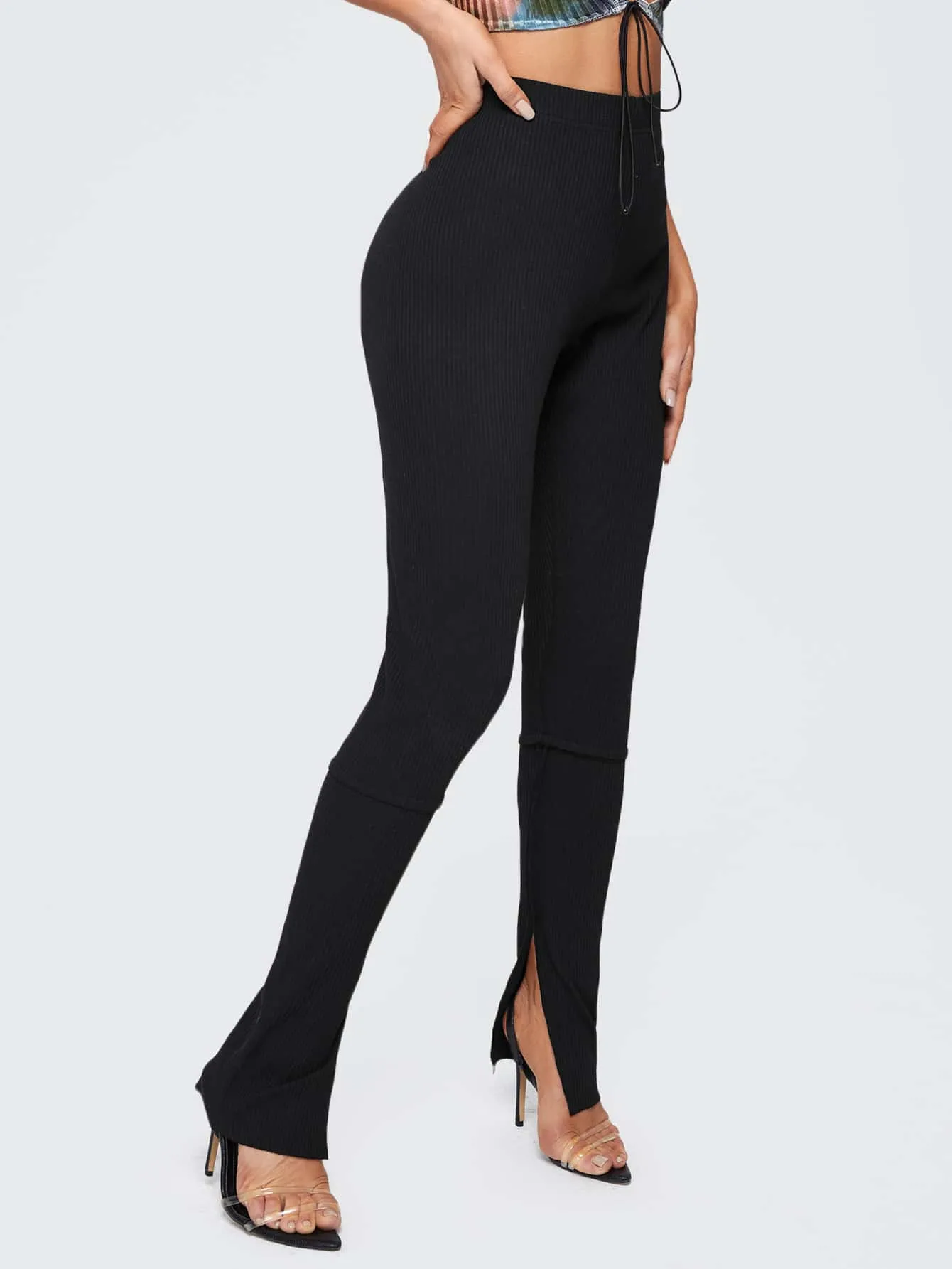 Black Split Cuff Rib-knit Skinny High Elastic Waist Pants