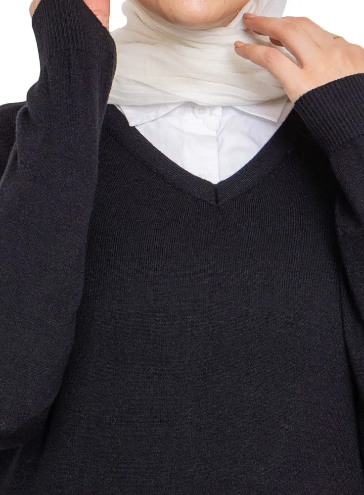 Black V-Neck Knit Pullover