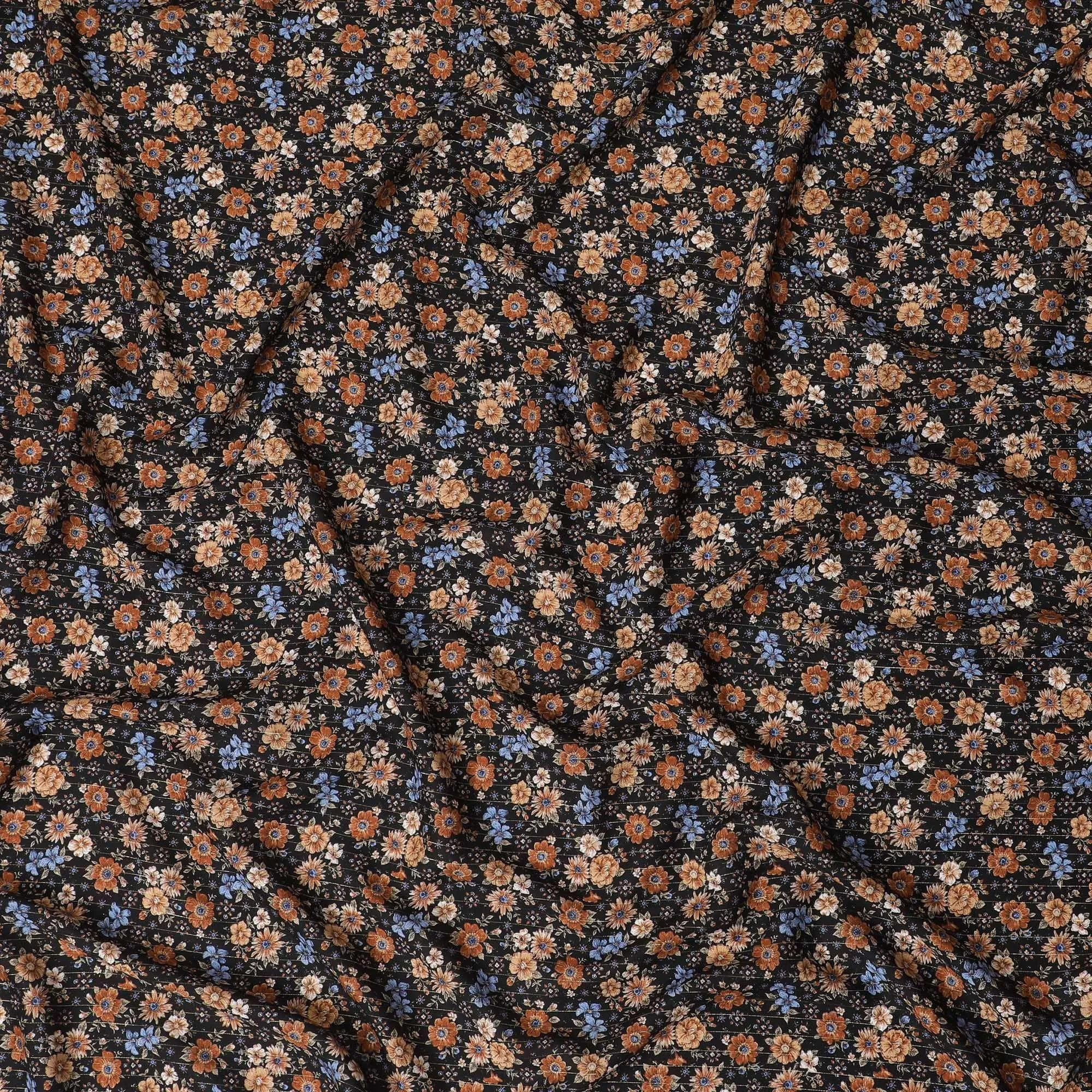 Black viscose crepe printed fabric with multi colour prints in floral design-D11158