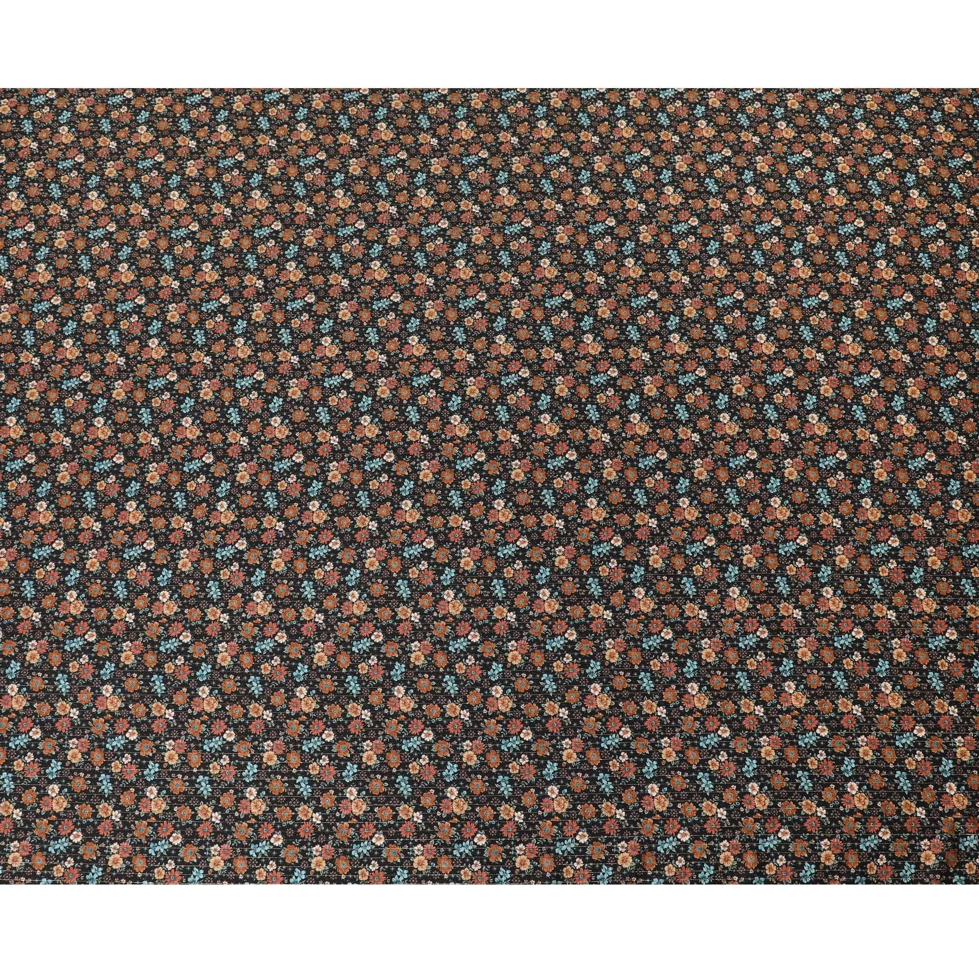 Black viscose crepe printed fabric with multi colour prints in floral design-D11159
