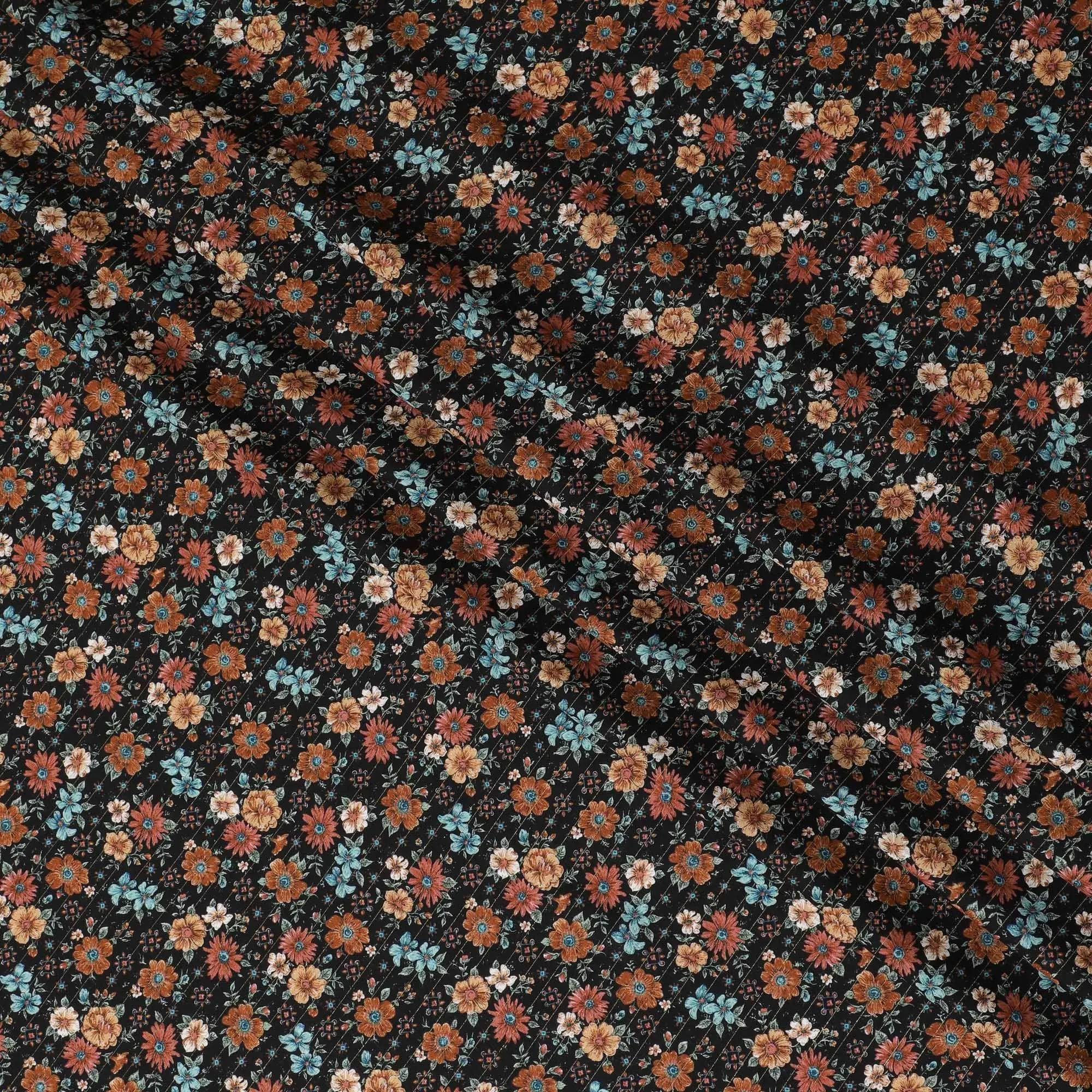 Black viscose crepe printed fabric with multi colour prints in floral design-D11159