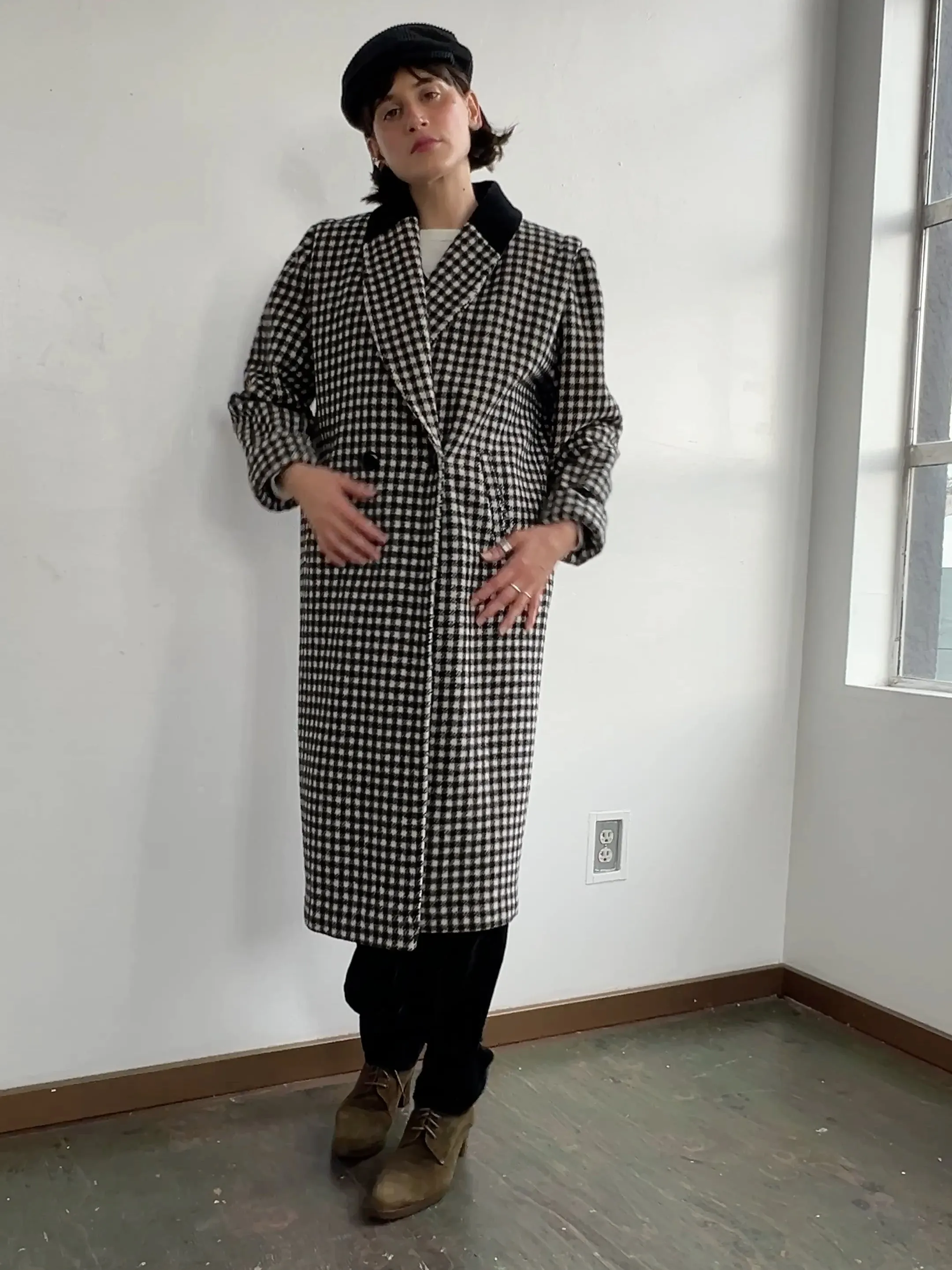 Black White Check Maxi Coat (S)