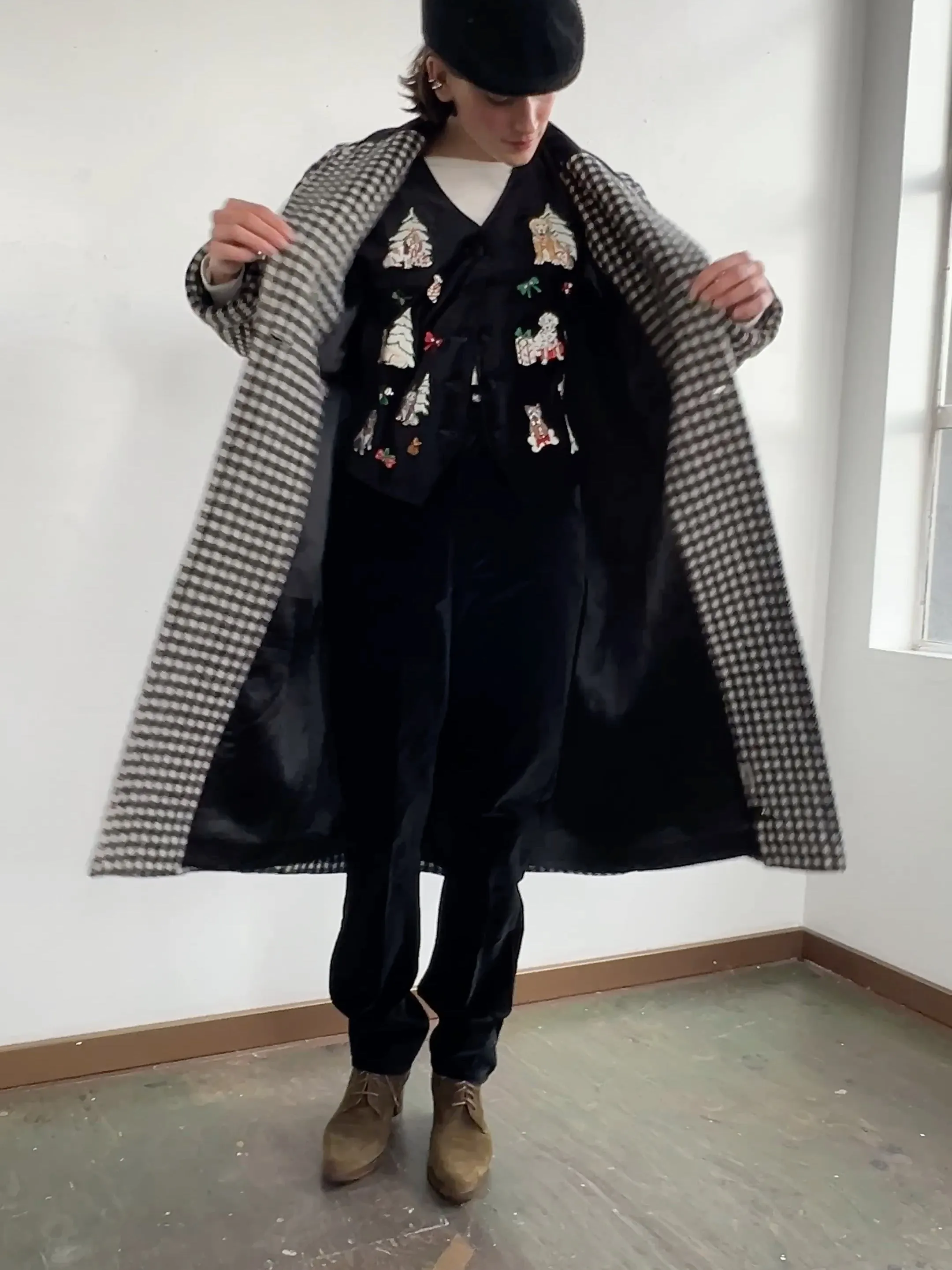 Black White Check Maxi Coat (S)