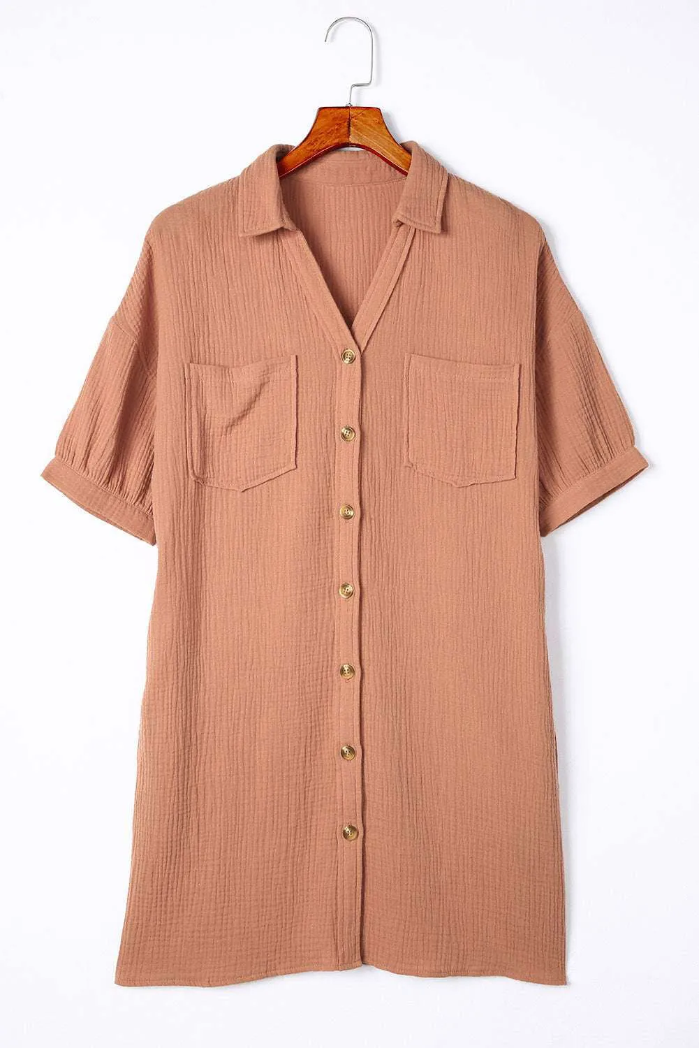 Brown Crinkle Textured Joint Bubble Sleeve Shirt Dress