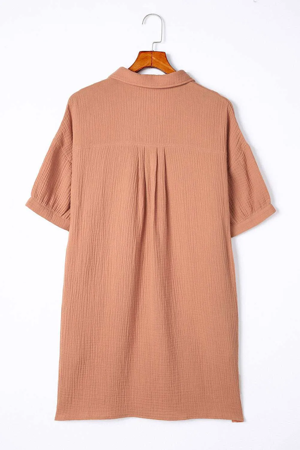 Brown Crinkle Textured Joint Bubble Sleeve Shirt Dress