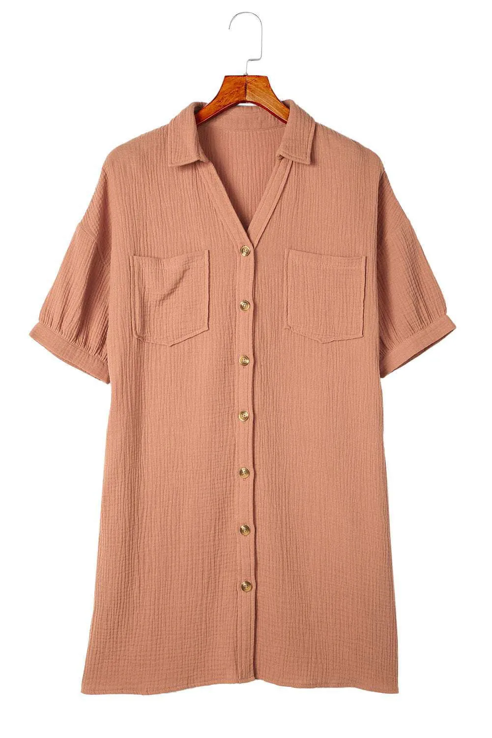 Brown Crinkle Textured Joint Bubble Sleeve Shirt Dress