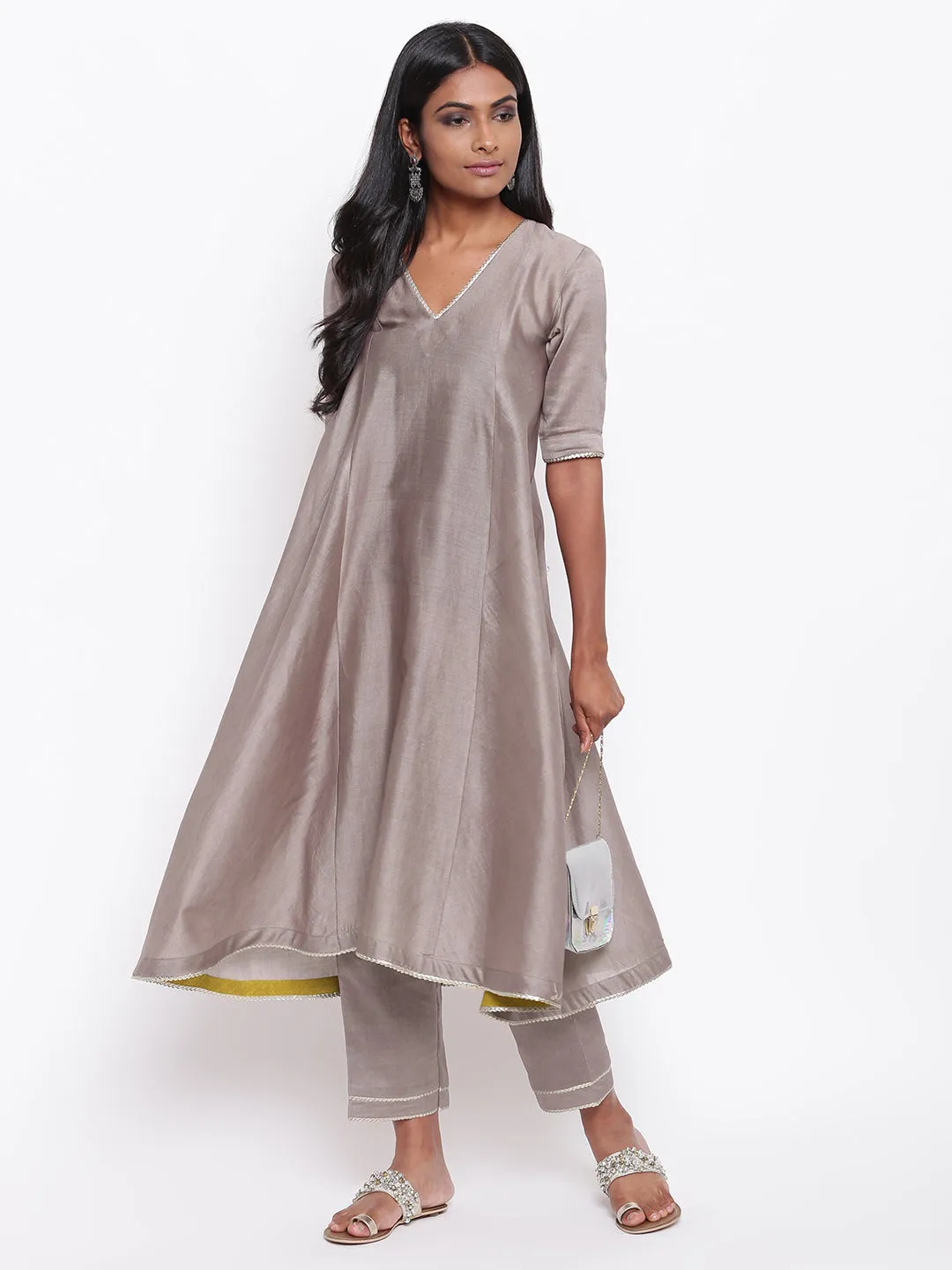 Brown Gota Flared Kurta Set