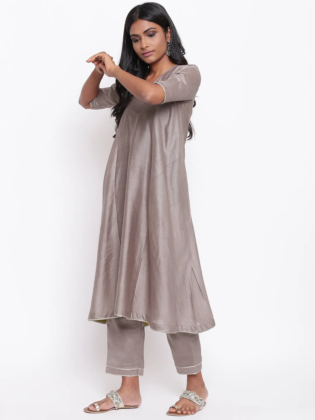 Brown Gota Flared Kurta Set