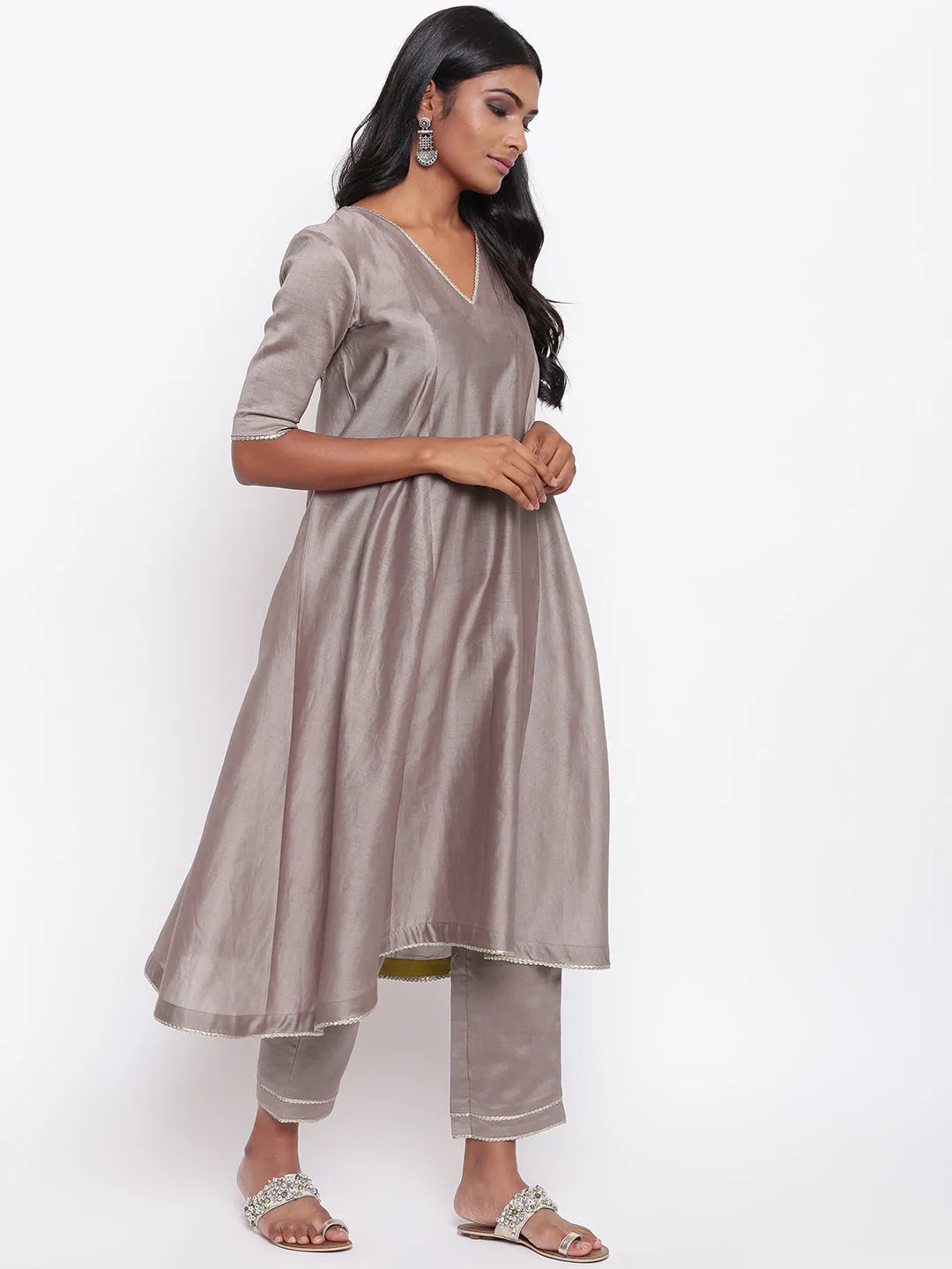 Brown Gota Flared Kurta Set