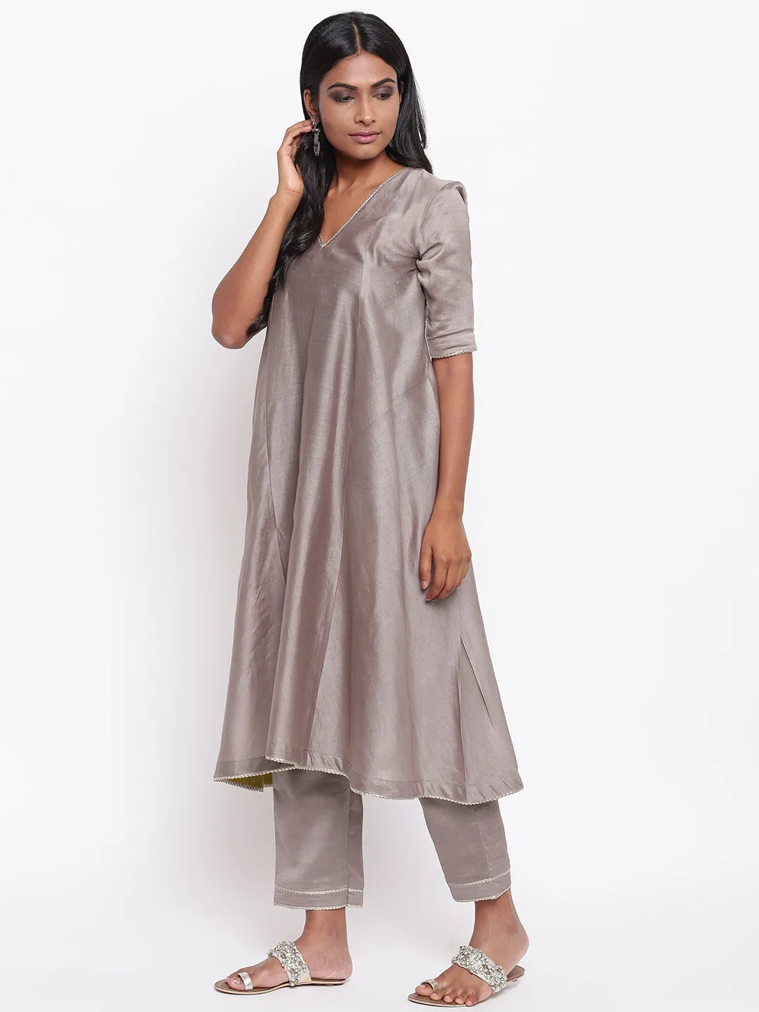 Brown Gota Flared Kurta Set