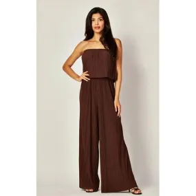 Brown Strapless Pleated Wide Leg Jumpsuit