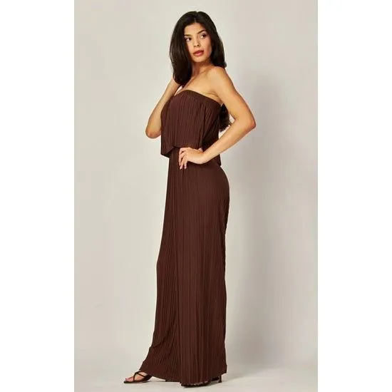 Brown Strapless Pleated Wide Leg Jumpsuit