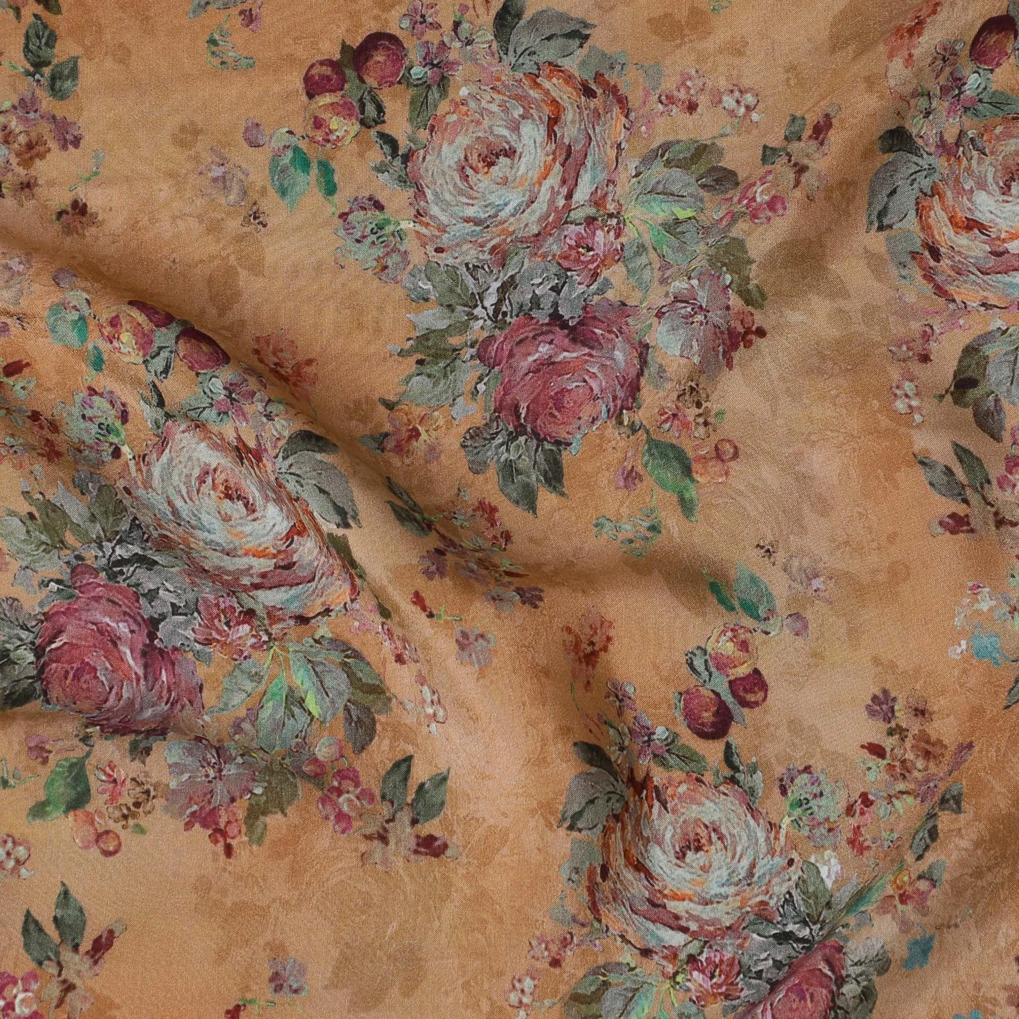 Brown viscose cotton fabric with multicolor print in floral design-D15835