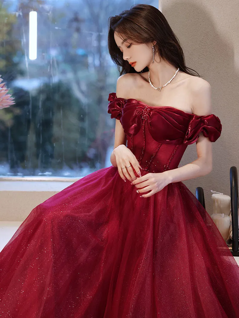 Burgundy Off Shoulder Tulle Long Prom Dress, Burgundy Formal Dresses