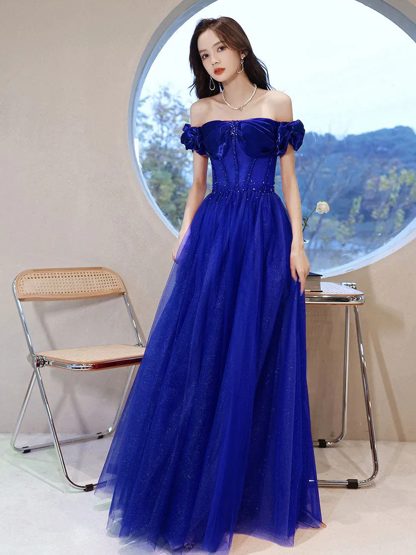 Burgundy Off Shoulder Tulle Long Prom Dress, Burgundy Formal Dresses
