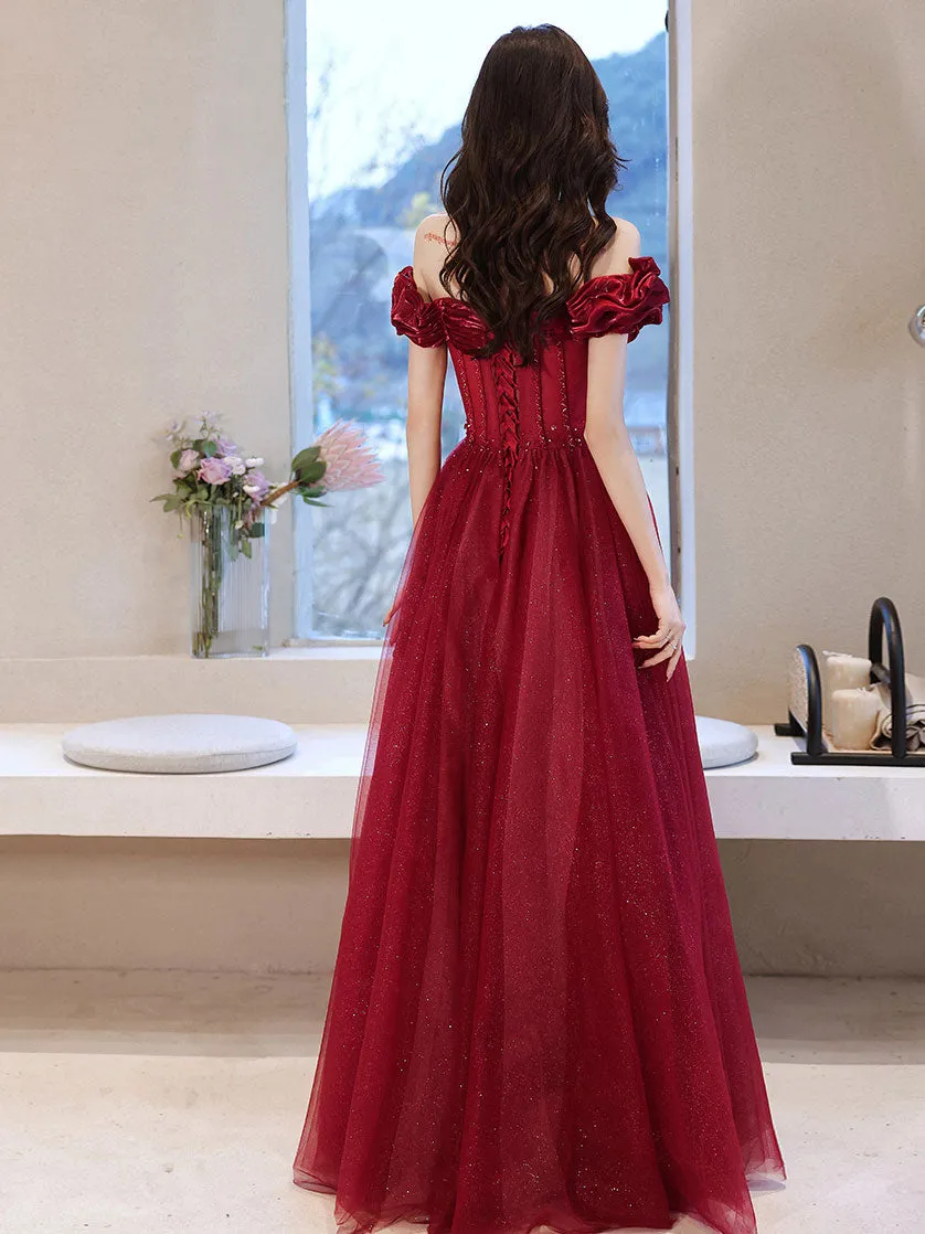 Burgundy Off Shoulder Tulle Long Prom Dress, Burgundy Formal Dresses