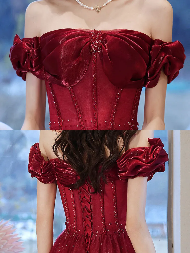 Burgundy Off Shoulder Tulle Long Prom Dress, Burgundy Formal Dresses