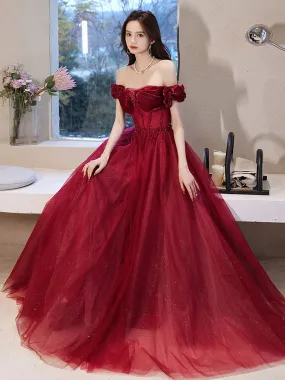 Burgundy Off Shoulder Tulle Long Prom Dress, Burgundy Formal Dresses