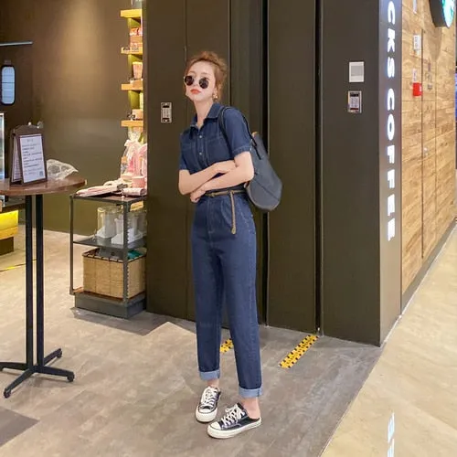 Casual Short Sleeve Denim Overalls One Piece Jumpsuit