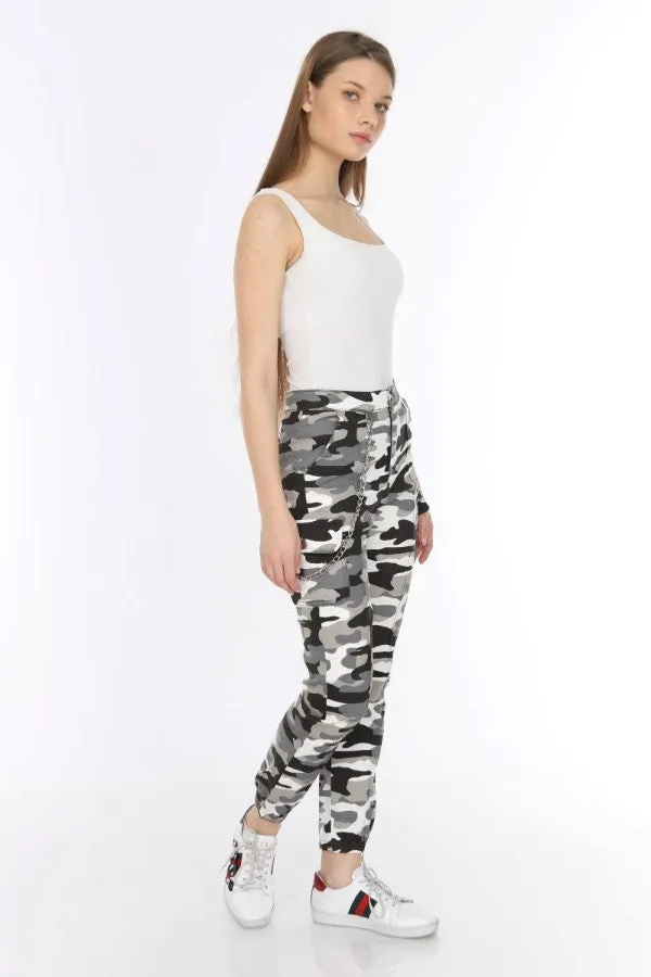 Chain Detail Slim White Camouflage Cargo Trousers