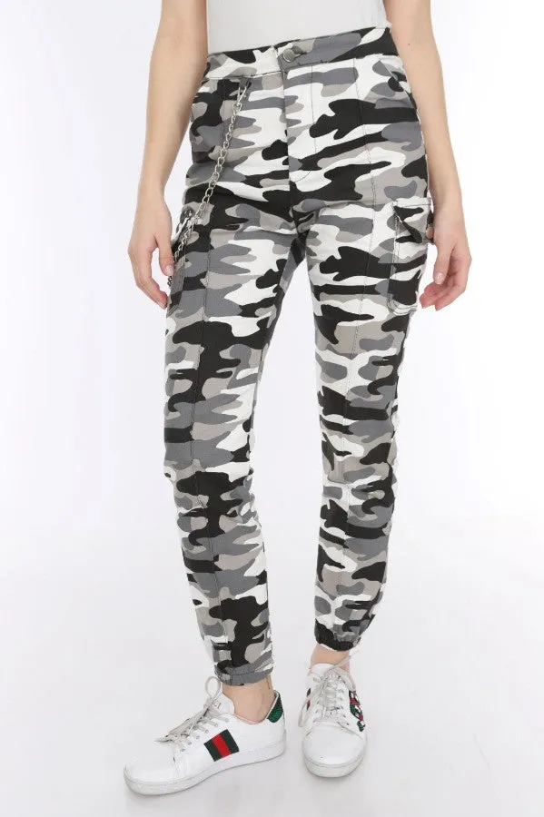 Chain Detail Slim White Camouflage Cargo Trousers