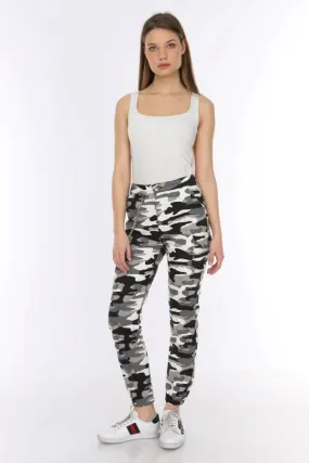 Chain Detail Slim White Camouflage Cargo Trousers