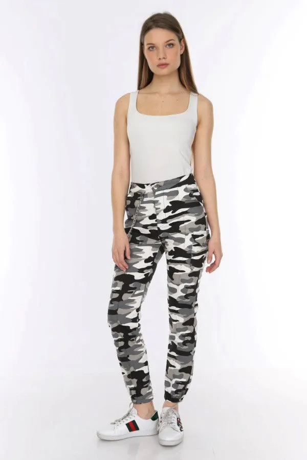 Chain Detail Slim White Camouflage Cargo Trousers