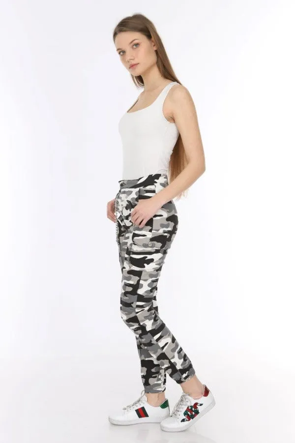 Chain Detail Slim White Camouflage Cargo Trousers