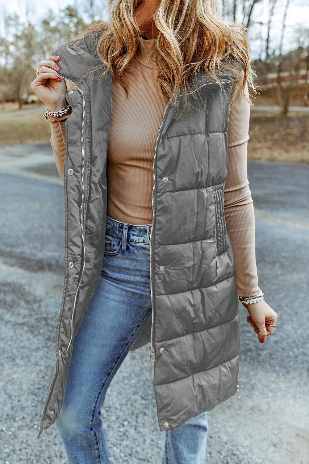 Chestnut Hooded Long Quilted Vest Coat