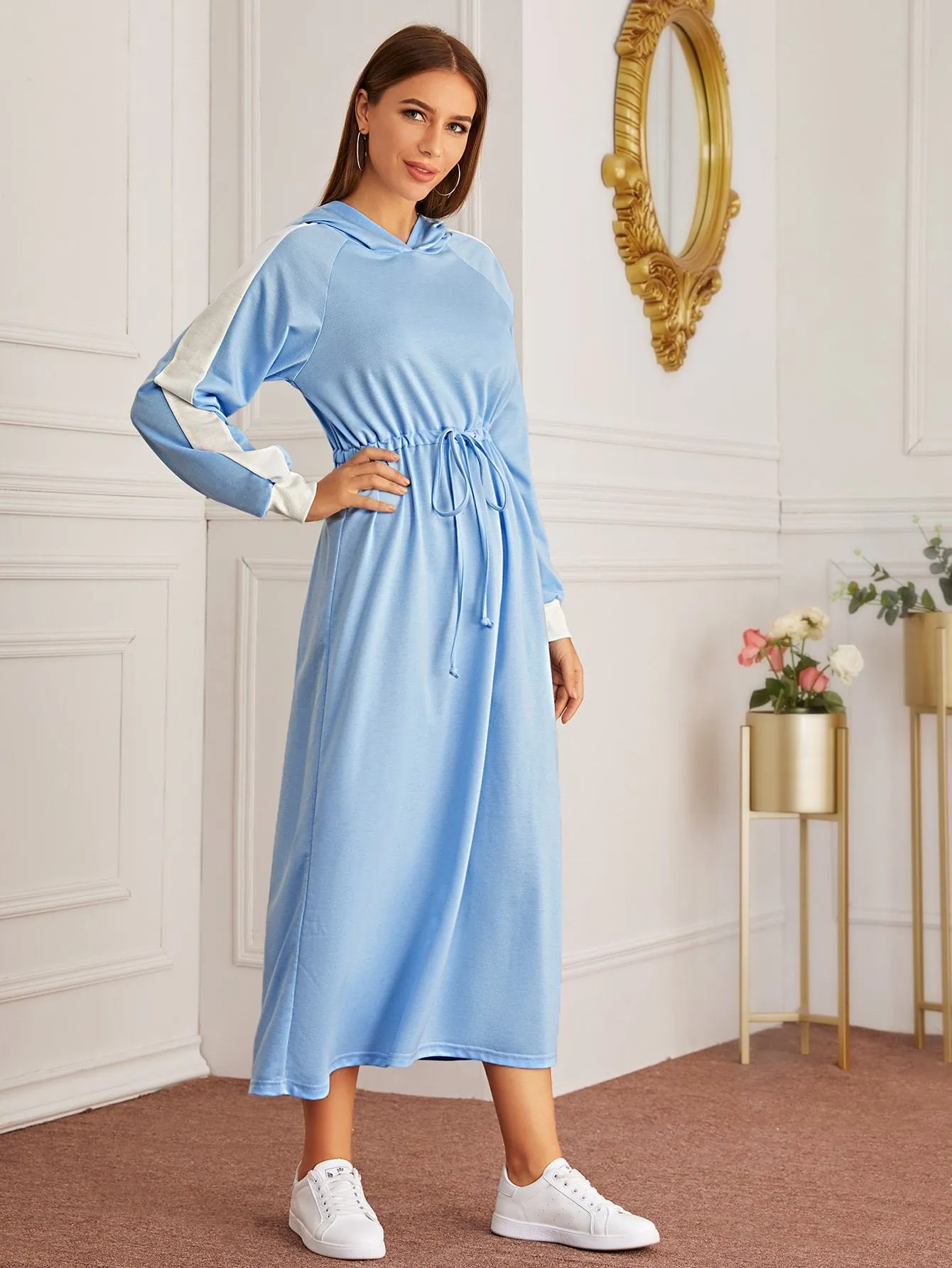 Contrast Panel Raglan Sleeve Hooded Sweatshirt Dress