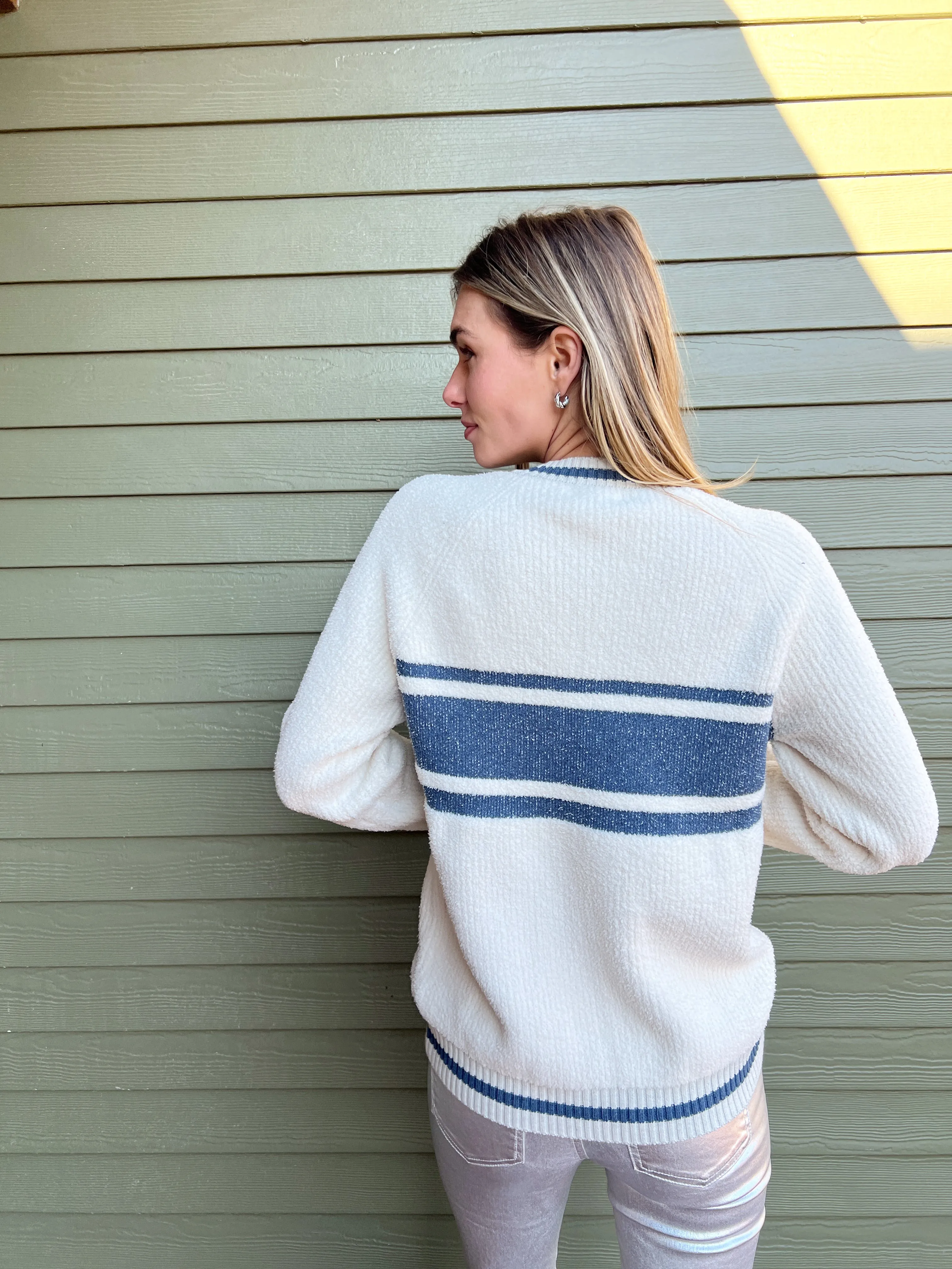 COZYCHIC COTTON APRES PULLOVER SWEATER - CREAM/BLUE
