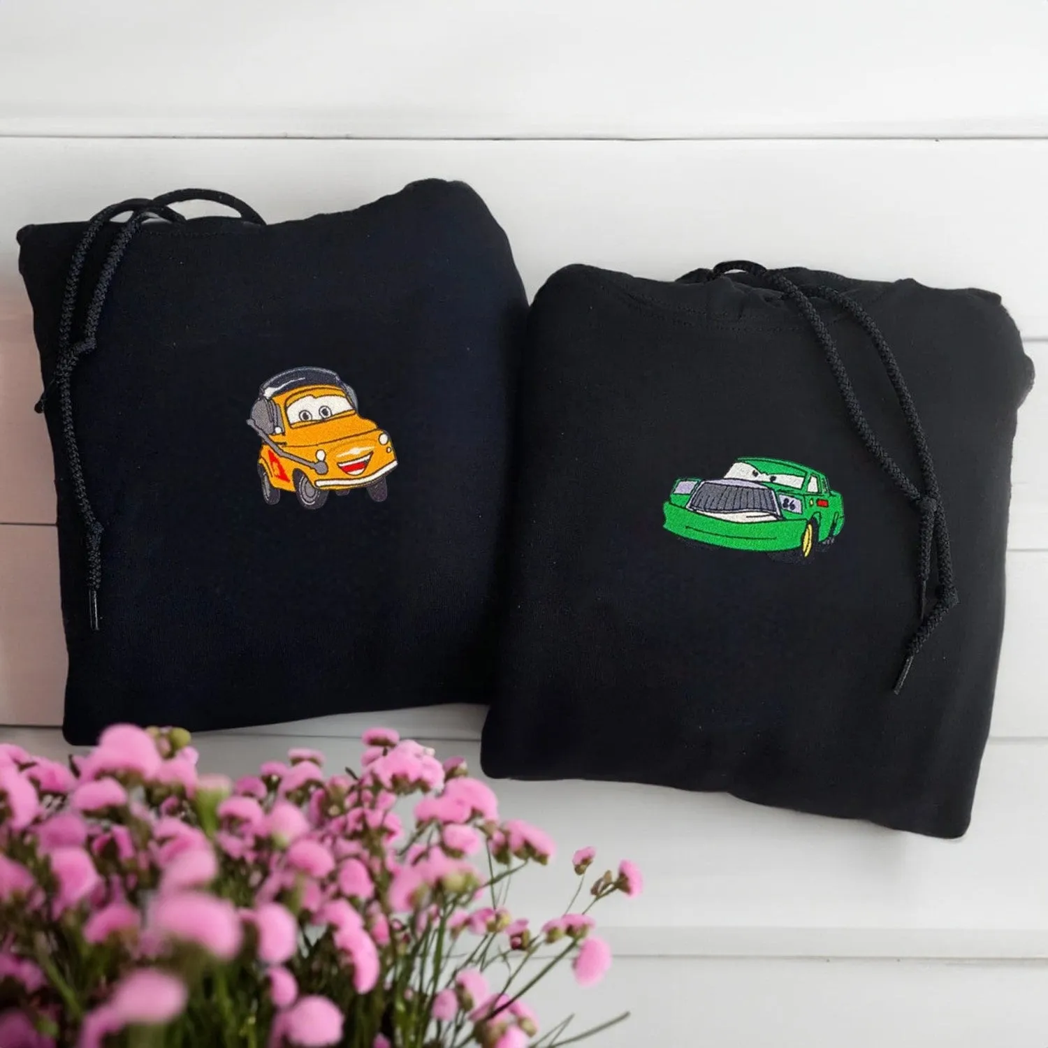 Custom Embroidered Cartoon Car Couple Sweatshirts - Custom Embroidered Matching Couple Hoodies