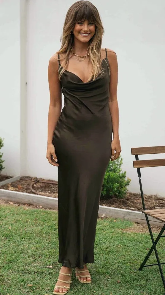 Deep Brown Satin Slip Maxi Dress